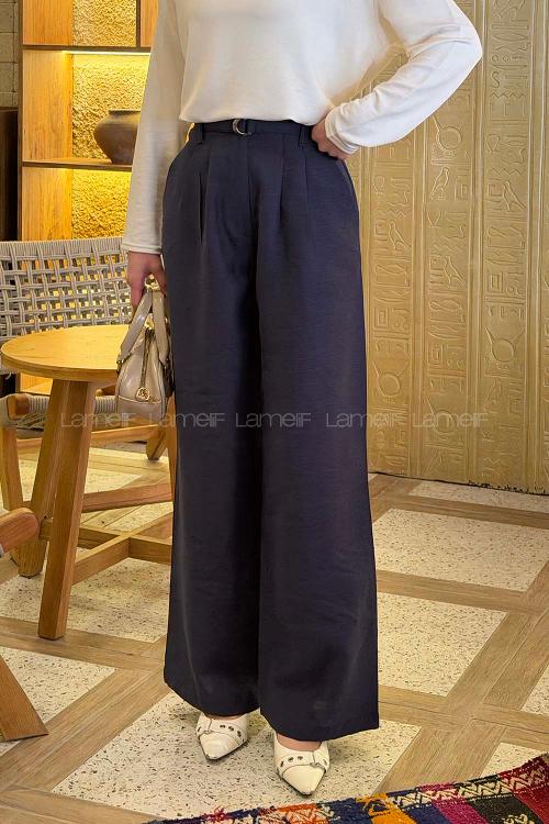 Lamelif Toka Detaylı Geniş Paça Pantolon Lacivert