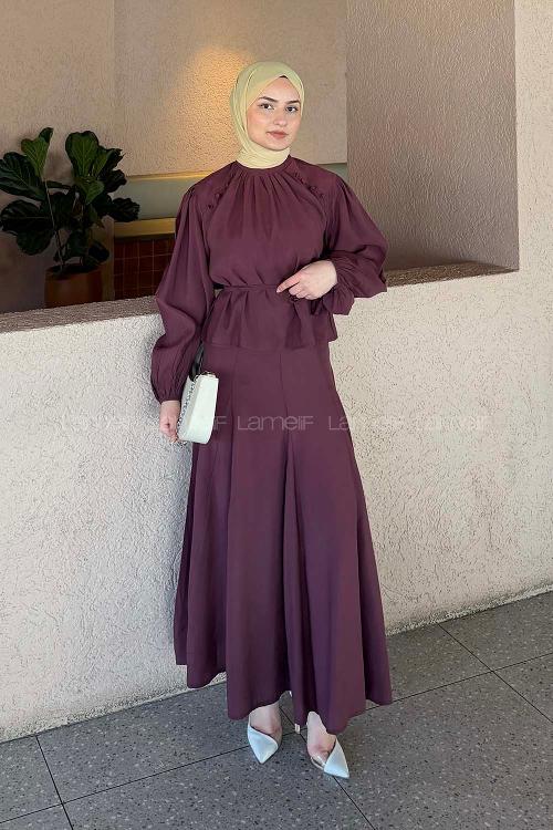 Lamelif Birit Düğme Detaylı Takım Mürdüm