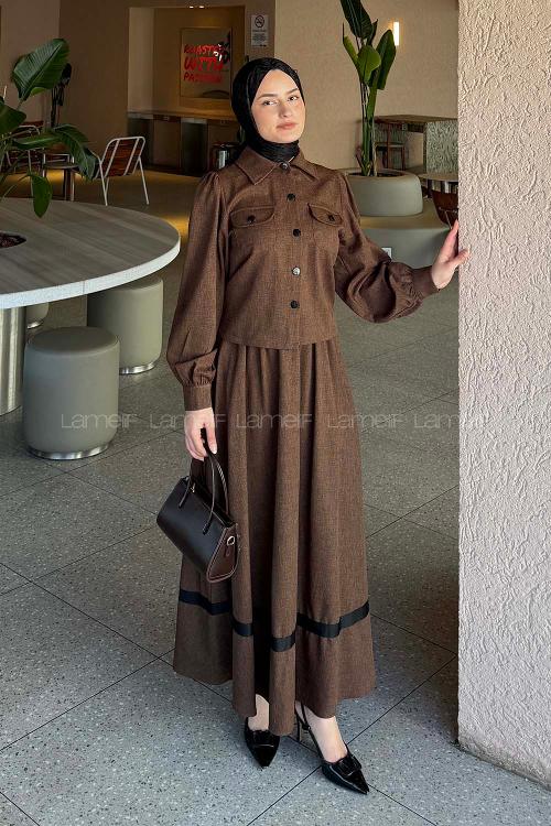 Lamelif Cep Detaylı Etekli Takım Kahverengi