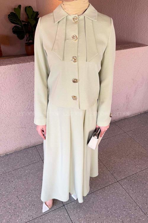 Lamelif Fiyonk Görünümlü Çift Yaka Takım Mint Yeşili