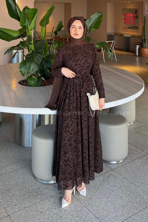 Lamelif Flok Model Elbise Acı Kahve