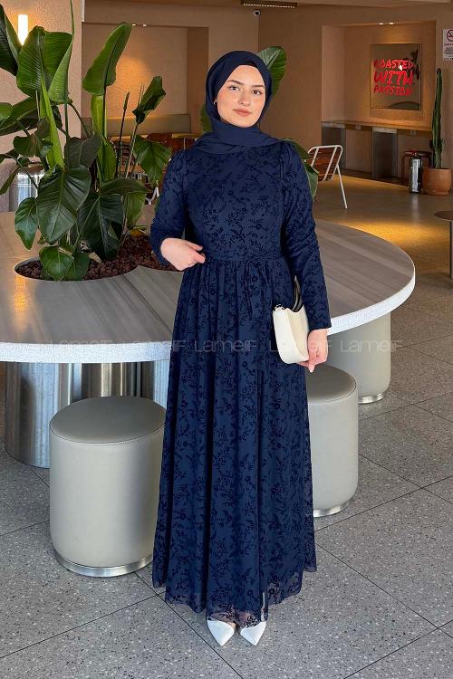 Lamelif Flok Model Elbise Lacivert