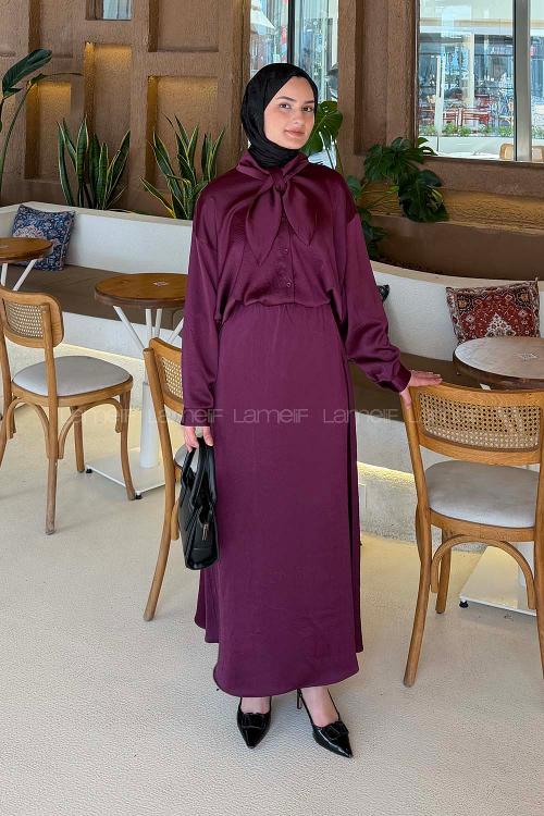 Lamelif Yaka Detaylı Etekli Takım Mürdüm