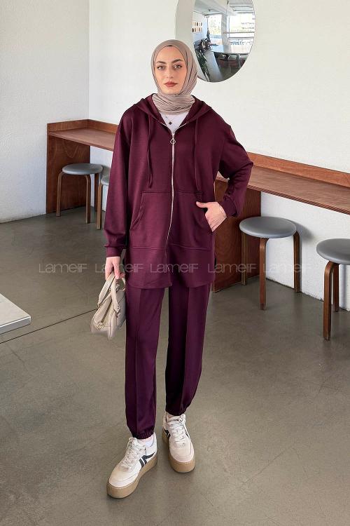 Lamelif Kapüşonlu Kanguru Cep İkili Takım Bordo