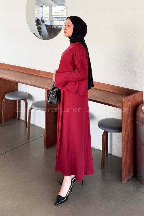 Lamelif Kol Biye Detaylı Takım Bordo