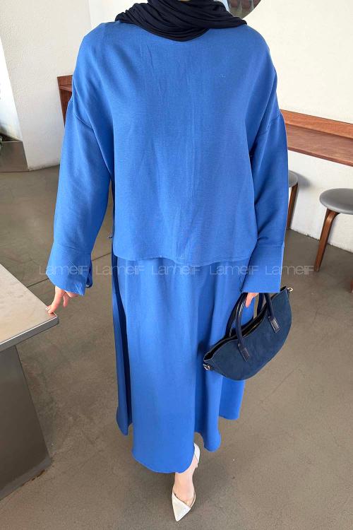 Lamelif Kol Biye Detaylı Takım Saks Mavisi