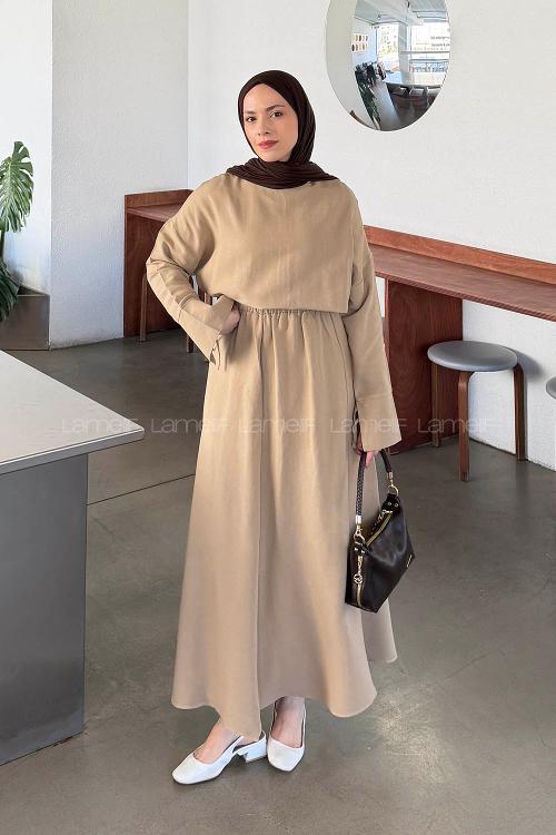 Mink Crew Neck Long Arm Linen Flared Skirt Suit