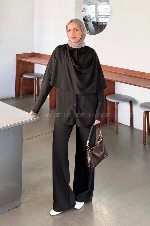 Lamelif Pelerin Detaylı Pantolonlu Takım Acı Kahve