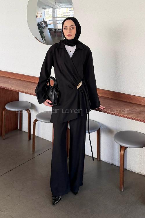 Black Pool Neck Long Arm Modal Regular Trousers Comfortable Suit