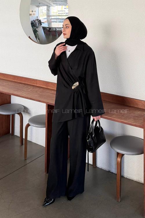 Black Pool Neck Long Arm Modal Regular Trousers Comfortable Suit