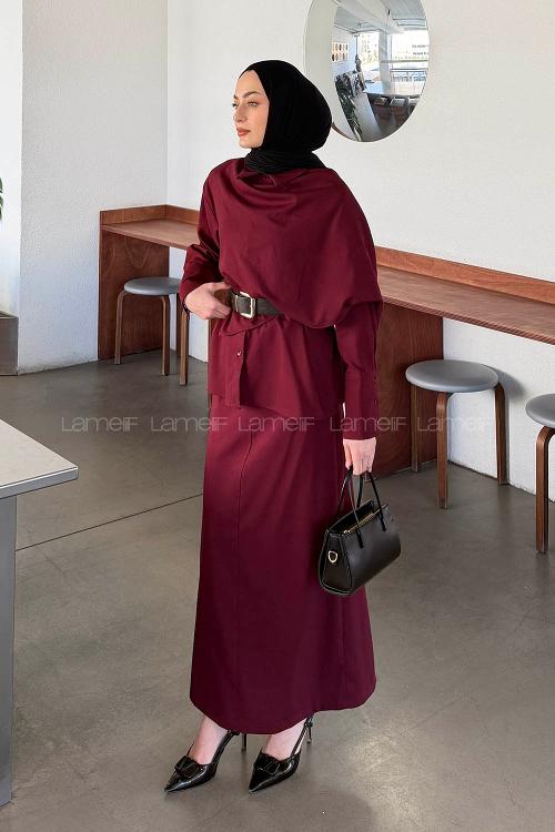 Claret Red Shirt Collar Long Arm Polyester Straight Skirt Suit