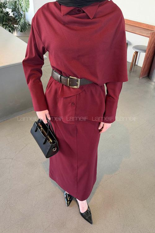 Claret Red Shirt Collar Long Arm Polyester Straight Skirt Suit
