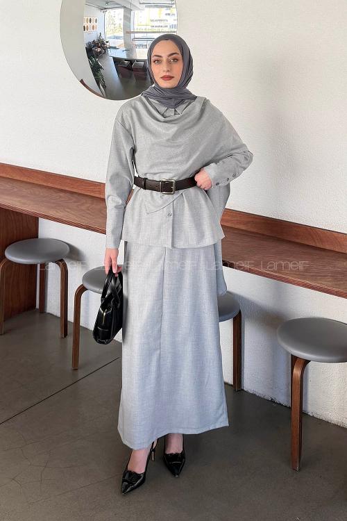 Lamelif Şal Detaylı Kemerli Takım Gri