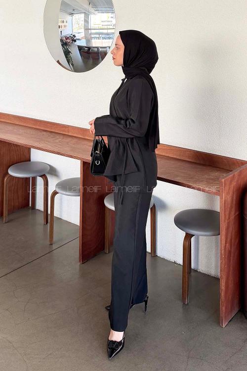 Lamelif Toka Detaylı Pantolonlu İkili Takım Siyah