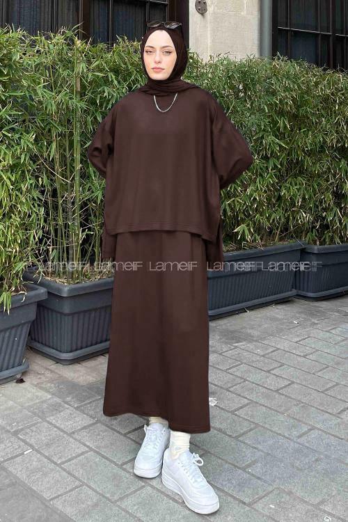 Bitter Brown Crew Neck Long Arm Poplin Fabric Straight Skirt Suit