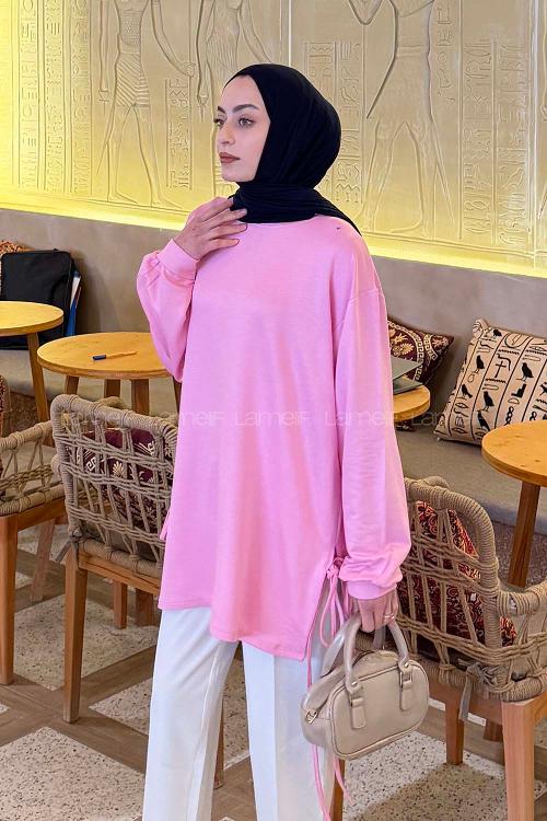 Candy Pink Crew Neck Viscose Fabric Unprinted Tunic