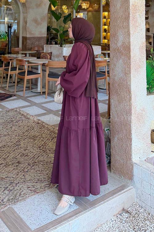 Lamelif Balon Kol Katlı Tesettür Elbise Mürdüm