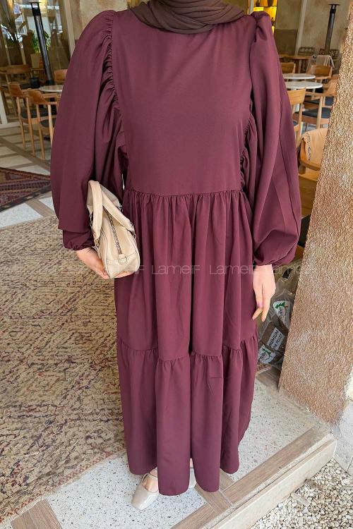 Lamelif Balon Kol Katlı Tesettür Elbise Mürdüm