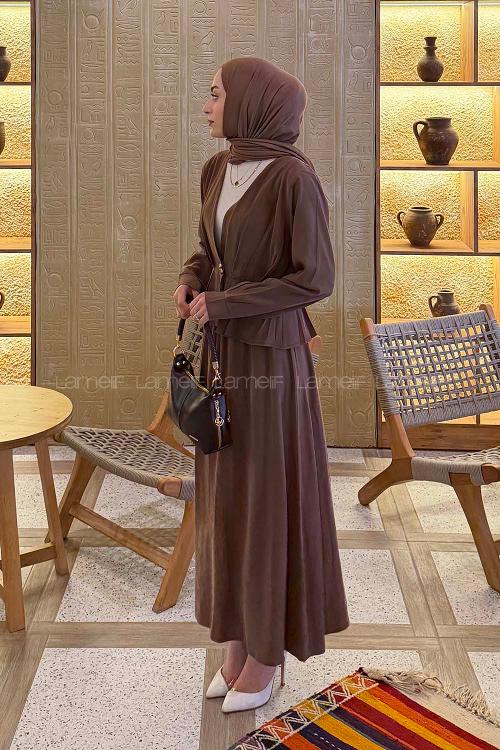 Lamelif Ceket Düğme Detaylı Etekli Takım Kahve