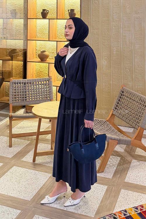 Lamelif Ceket Düğme Detaylı Etekli Takım Lacivert