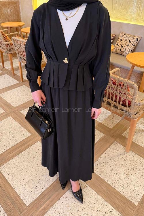 Lamelif Ceket Düğme Detaylı Etekli Takım Siyah