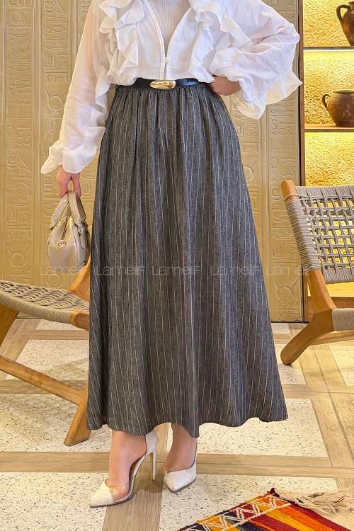 Lamelif Çizgili Tesettür Etek Antrasit