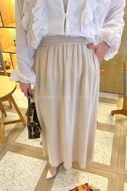 Lamelif Çizgili Tesettür Etek Krem