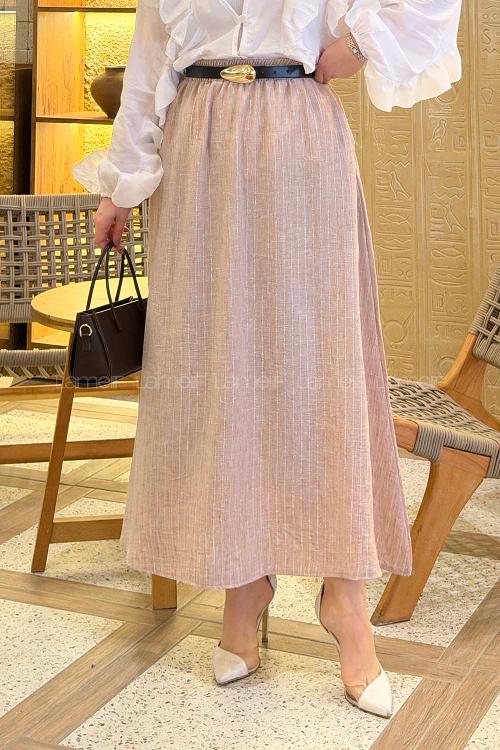 Lamelif Çizgili Tesettür Etek Somon