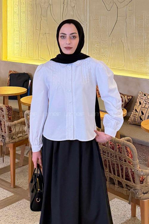Lamelif Dantel Dikişli Gömlek Beyaz