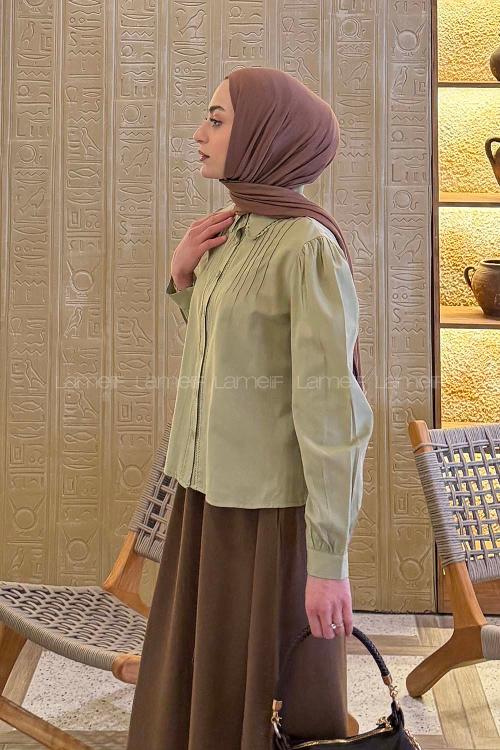 Plum Green Shirt Collar Long Arm Viscose Fabric Shirt