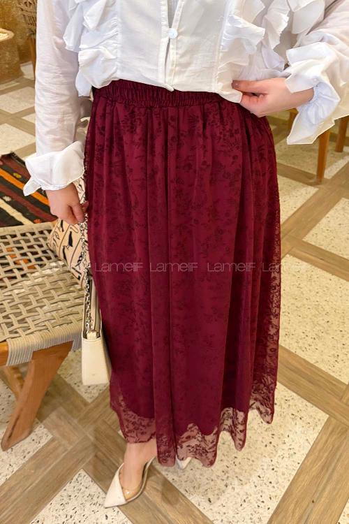 Lamelif Floklu Etek Mürdüm