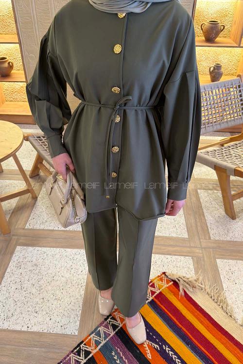Lamelif Gold Düğme Detaylı Pantolonlu Takım Açık Haki