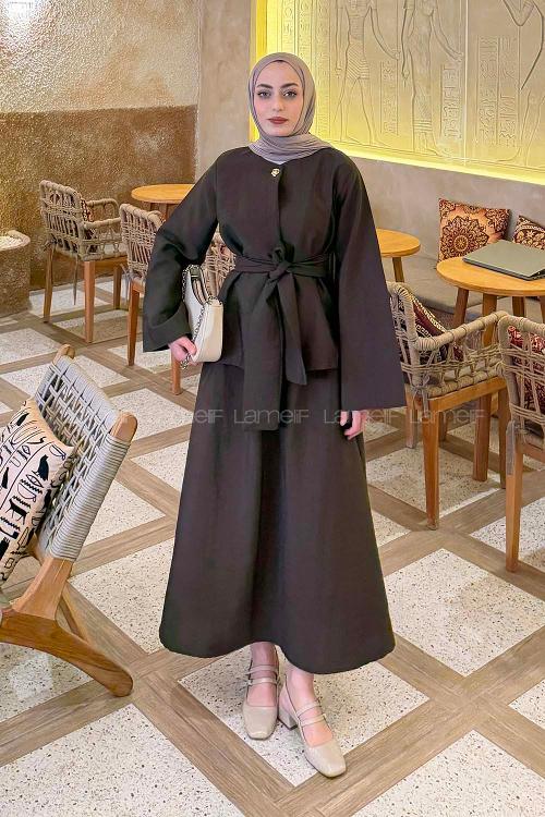 Lamelif Gold Düğmeli Etekli Takım Koyu Kahverengi