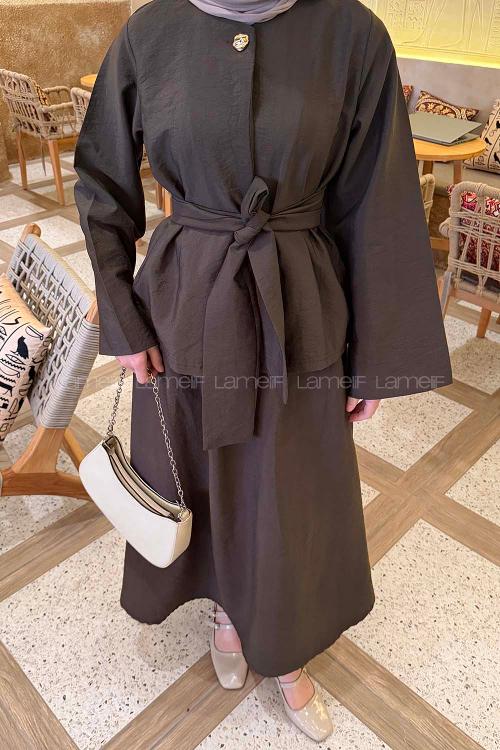 Lamelif Gold Düğmeli Etekli Takım Koyu Kahverengi