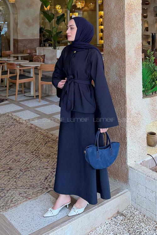 Lamelif Gold Düğmeli Etekli Takım Lacivert