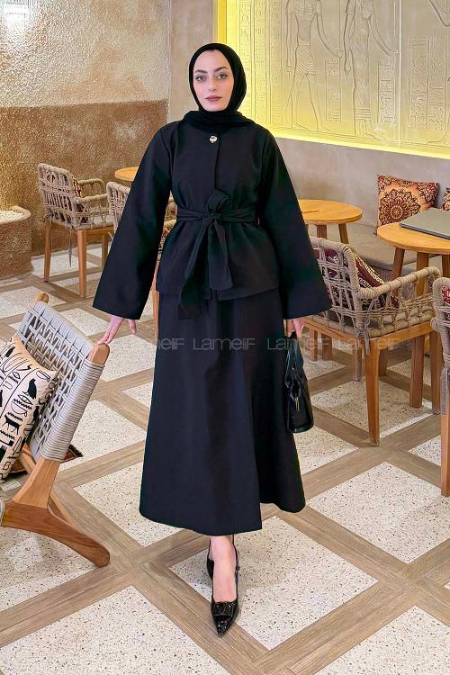 Lamelif Gold Düğmeli Etekli Takım Siyah