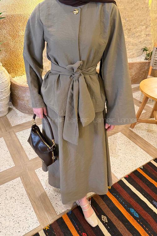 Lamelif Gold Düğmeli Etekli Takım Vizonrengi