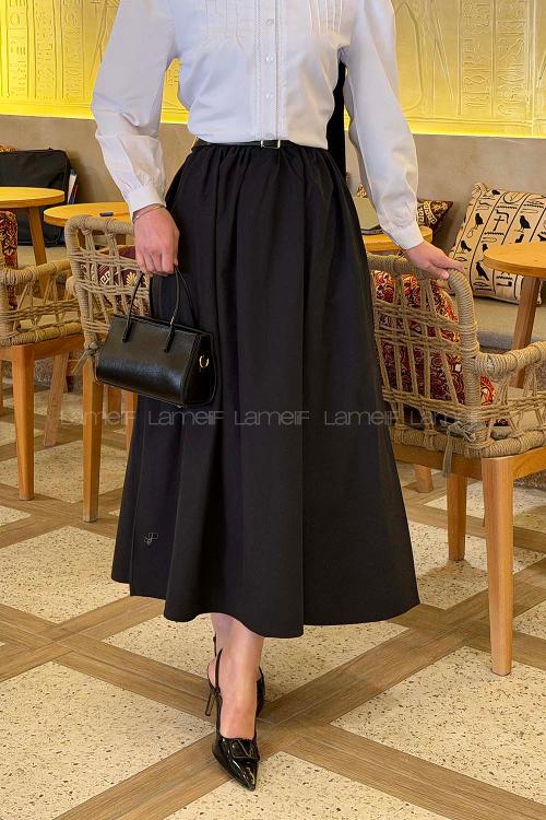 Lamelif Kemerli Poplin Etek Siyah