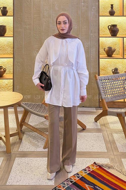 Lamelif Pelerin Detaylı Gömlek Beyaz