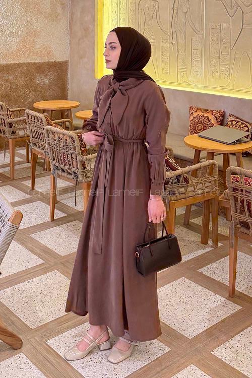 Lamelif Yaka Detay Yarım Pat Elbise Kahve