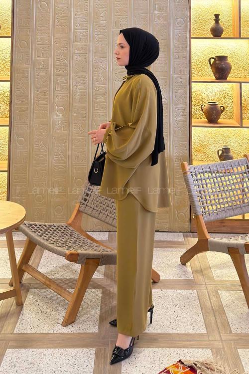 Lamelif Kol Büzgü Detaylı Takım Yağ Yeşili