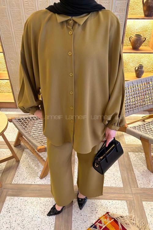 Lamelif Kol Büzgü Detaylı Takım Yağ Yeşili