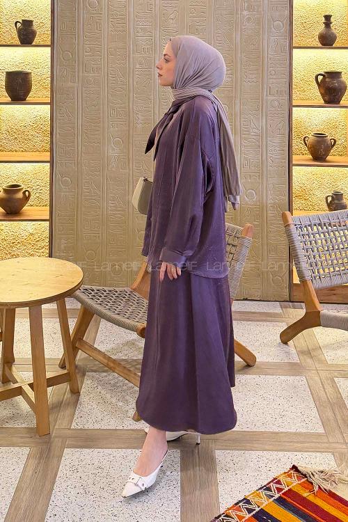 Lamelif Yaka Detaylı Etekli Takım Mor