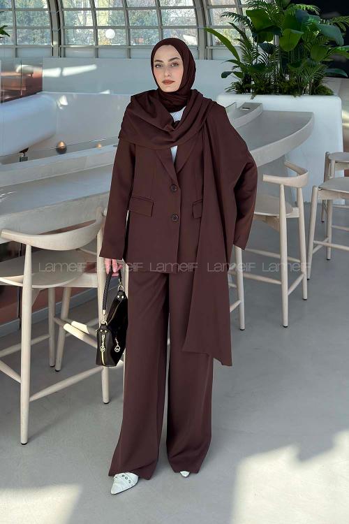 Lamelif Atkılı Blazer Takım Koyu Kahverengi