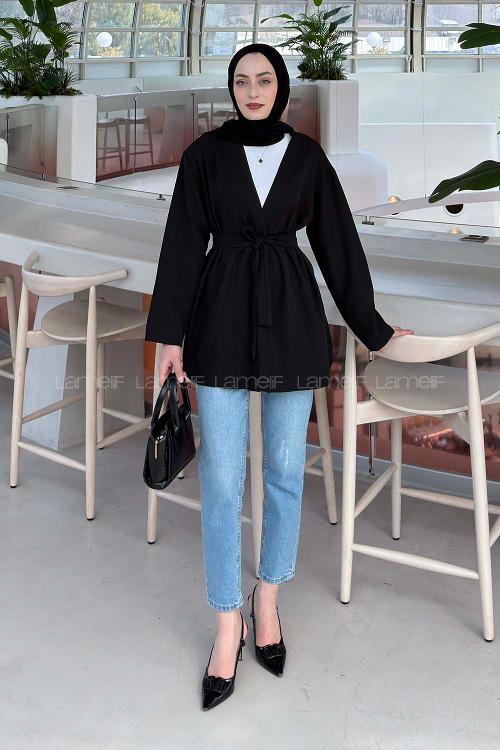 Lamelif Bağlamalı Kimono Siyah