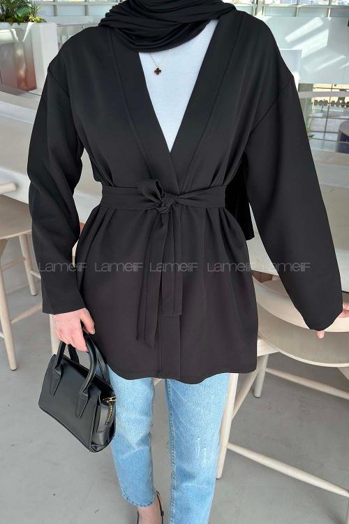 Lamelif Bağlamalı Kimono Siyah