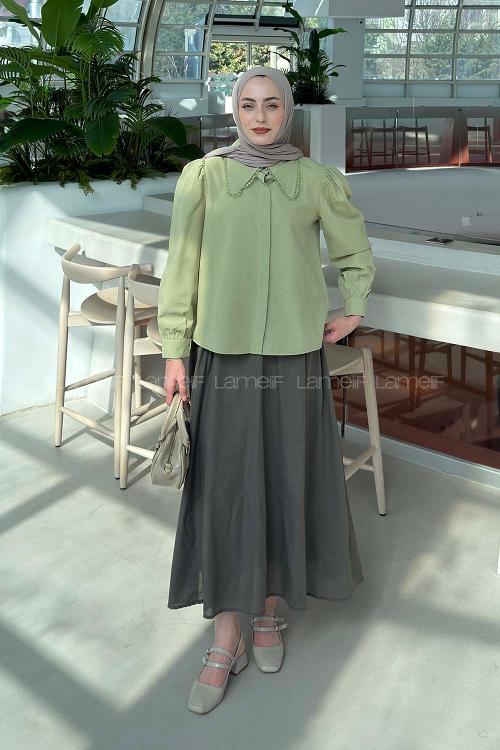 Plum Green Peter Pan Collar Long Arm Viscose Fabric Shirt