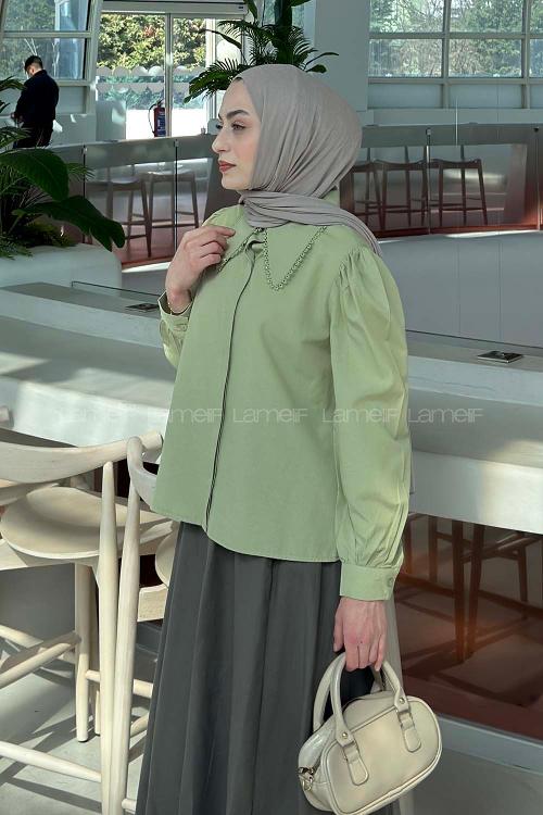 Plum Green Peter Pan Collar Long Arm Viscose Fabric Shirt