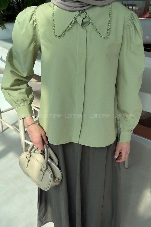 Plum Green Peter Pan Collar Long Arm Viscose Fabric Shirt