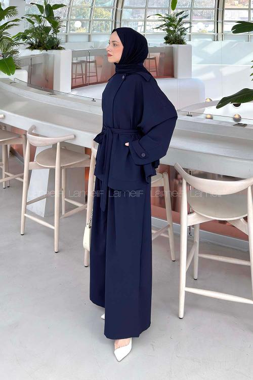 Lamelif Büyük Yaka Detaylı Pantolonlu Takım Lacivert